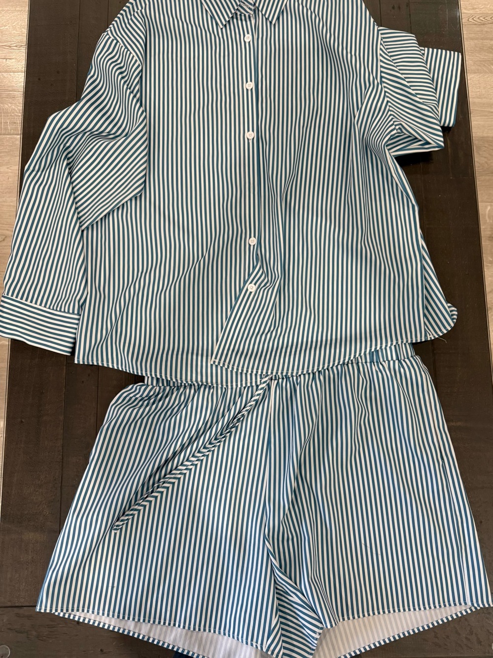 Striped Blue & White Kids Pajama Set - Classic Button-Up Top & Shorts